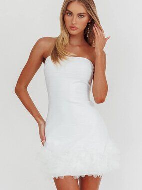Selfie Leslie Leni Strapless Embellished Hem Mini Dress White sz 6